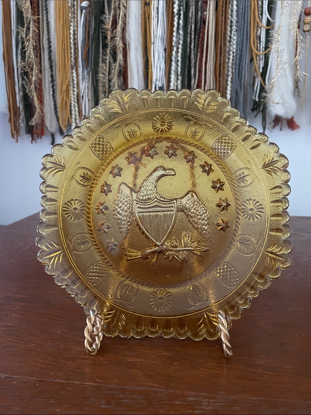 Embossed Eagle Glass Decorative Plate in Amber-Gold